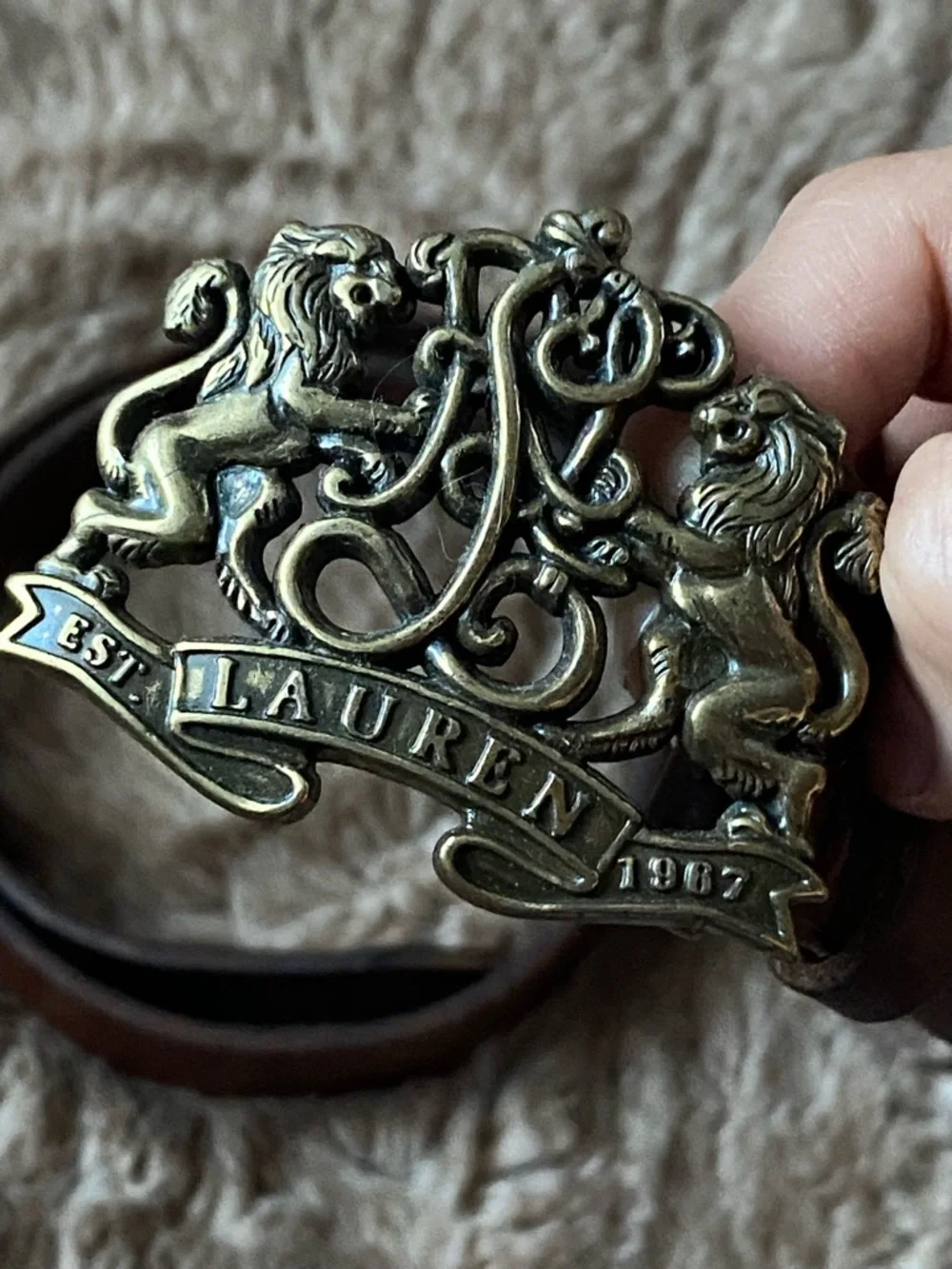 Lauren Ralph Lauren Brown Leather Belt with Ornate Brass‑Tone Crest Buckle - Picture 2 of 5
